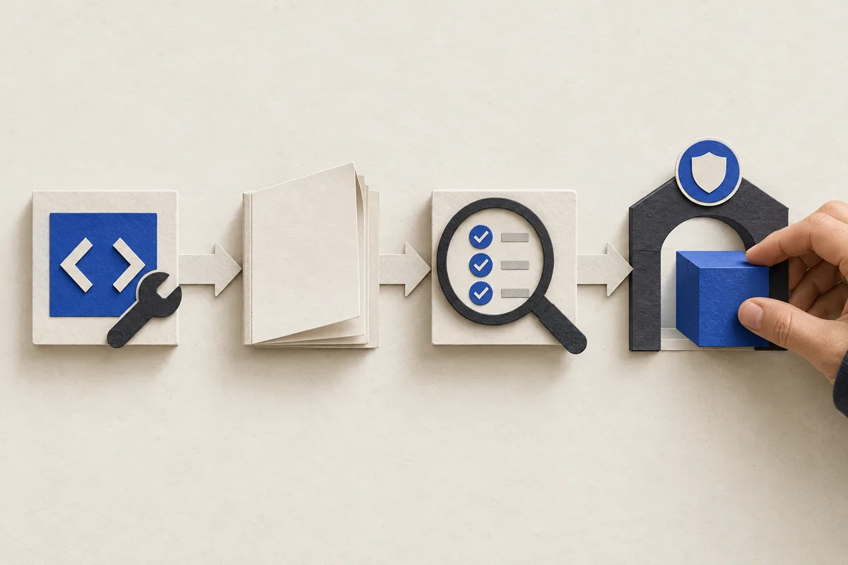 Tools, instructions, tests and an approval point form a modular engineering workflow.