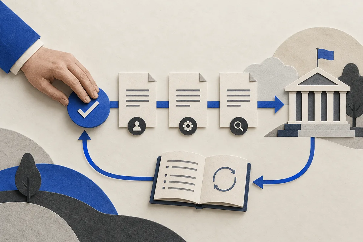 Documents and a human approval point illustrate accountability and ongoing AI oversight.