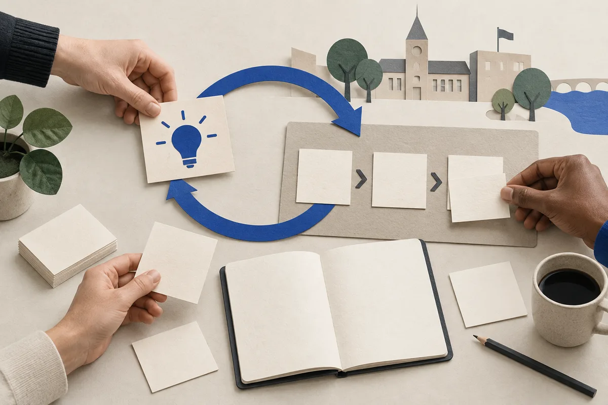 Hands arrange experience cards and workflows around a notebook to illustrate shared learning.