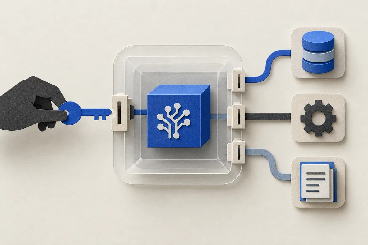 An isolated module with external access gates illustrates separation, permissions and oversight.